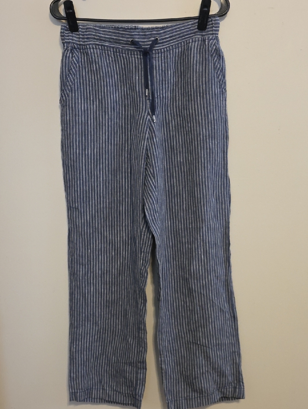 L.L. Bean Blue and White Striped Wide-Leg Drawstring Pants 100% Linen